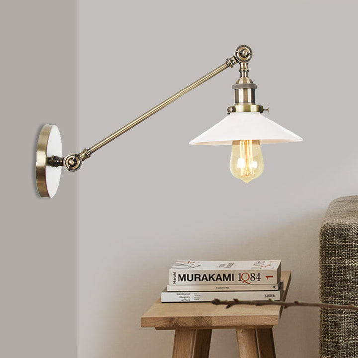 Lisslune | Industrial Conical Wall Lamp 1 Light Opal Glass Wall Lamp in Black/Copper/Brass with Arm, 8"/12" L