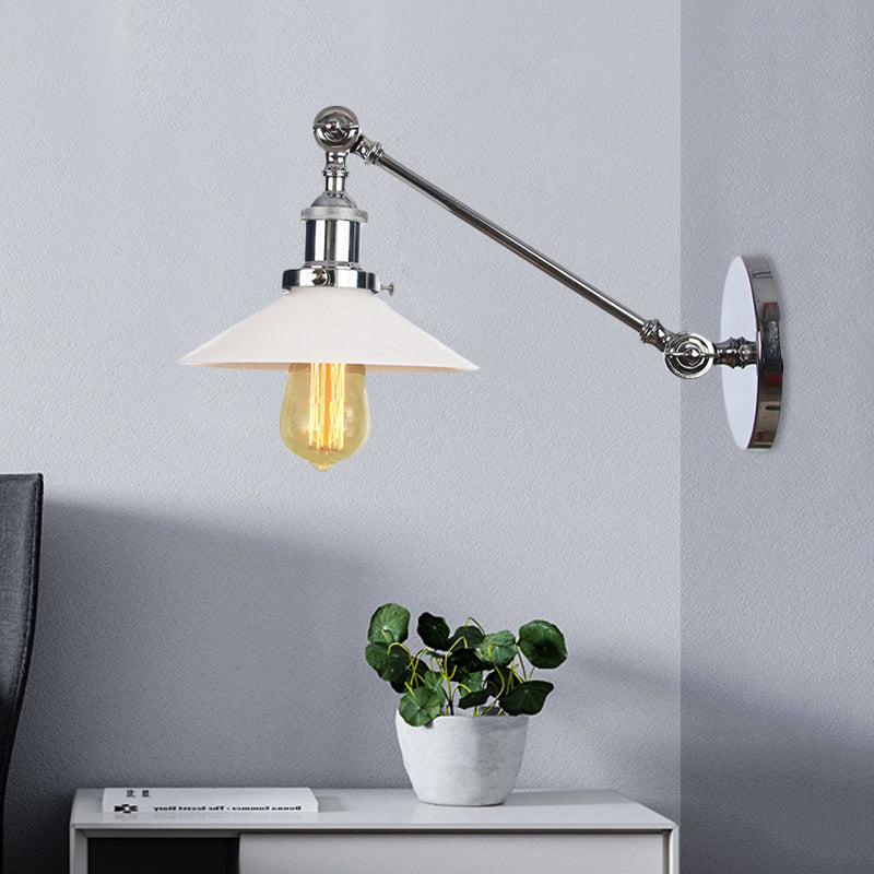 Lisslune | Industrial Conical Wall Lamp 1 Light Opal Glass Wall Lamp in Black/Copper/Brass with Arm, 8"/12" L
