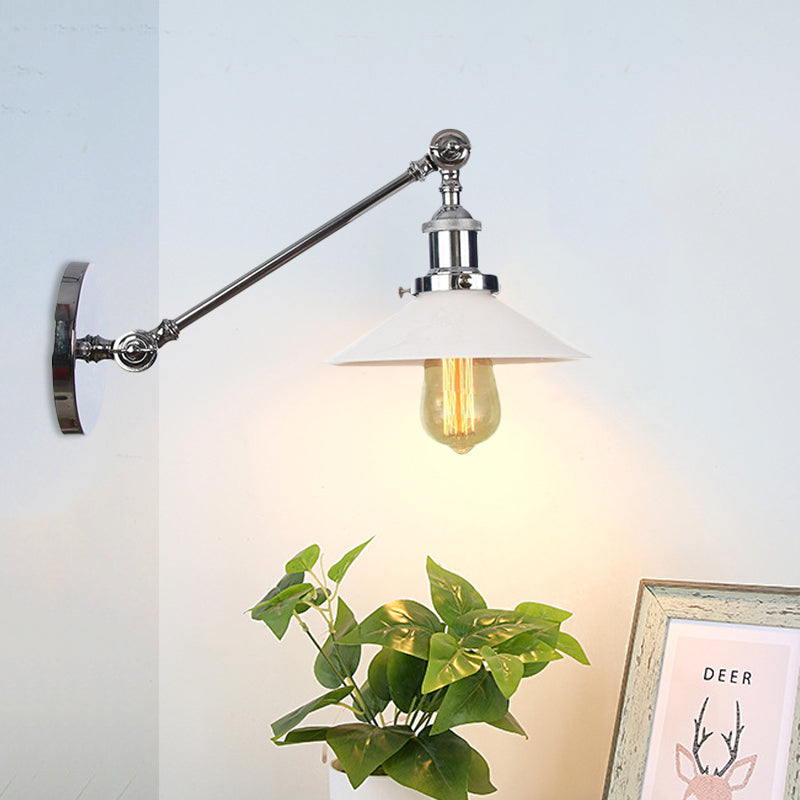 Lisslune | Industrial Conical Wall Lamp 1 Light Opal Glass Wall Lamp in Black/Copper/Brass with Arm, 8"/12" L