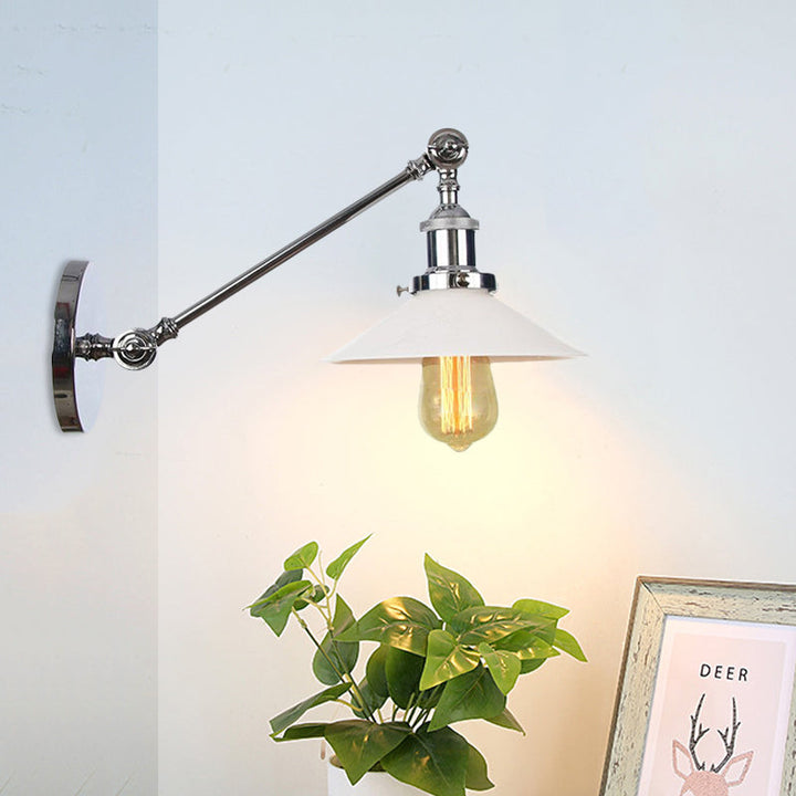 Lisslune | Industrial Conical Wall Lamp 1 Light Opal Glass Wall Lamp in Black/Copper/Brass with Arm, 8"/12" L
