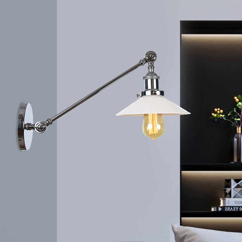 Lisslune | Industrial Conical Wall Lamp 1 Light Opal Glass Wall Lamp in Black/Copper/Brass with Arm, 8"/12" L