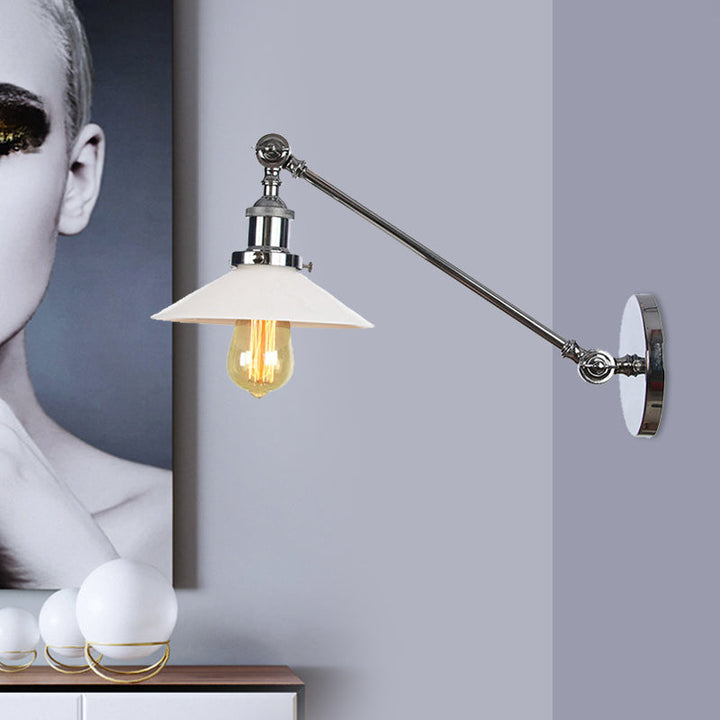Lisslune | Industrial Conical Wall Lamp 1 Light Opal Glass Wall Lamp in Black/Copper/Brass with Arm, 8"/12" L