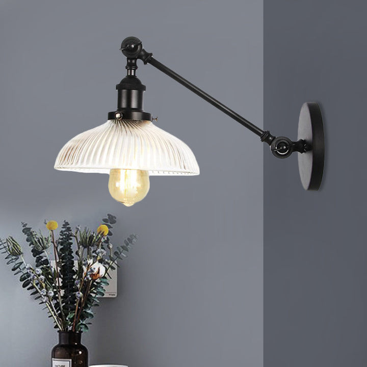 Skørter | Black/Bronze/Brass 1 Light Wall Mounted Fixture Vintage Clear Ribbed Glass Dome Light, 8"/12" L Arm