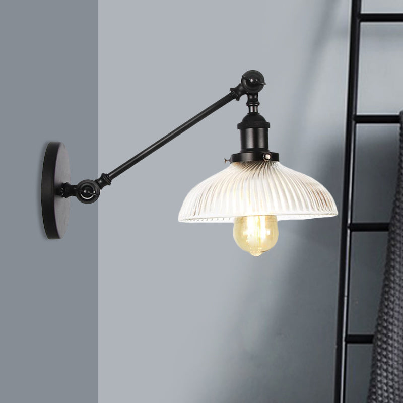 Skørter | Black/Bronze/Brass 1 Light Wall Mounted Fixture Vintage Clear Ribbed Glass Dome Light, 8"/12" L Arm
