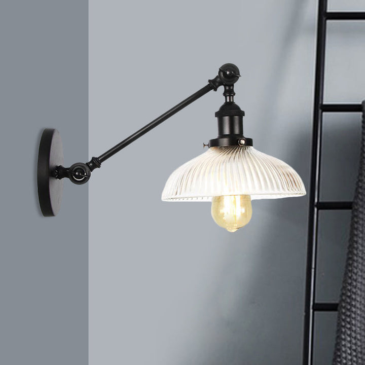 Skørter | Black/Bronze/Brass 1 Light Wall Mounted Fixture Vintage Clear Ribbed Glass Dome Light, 8"/12" L Arm