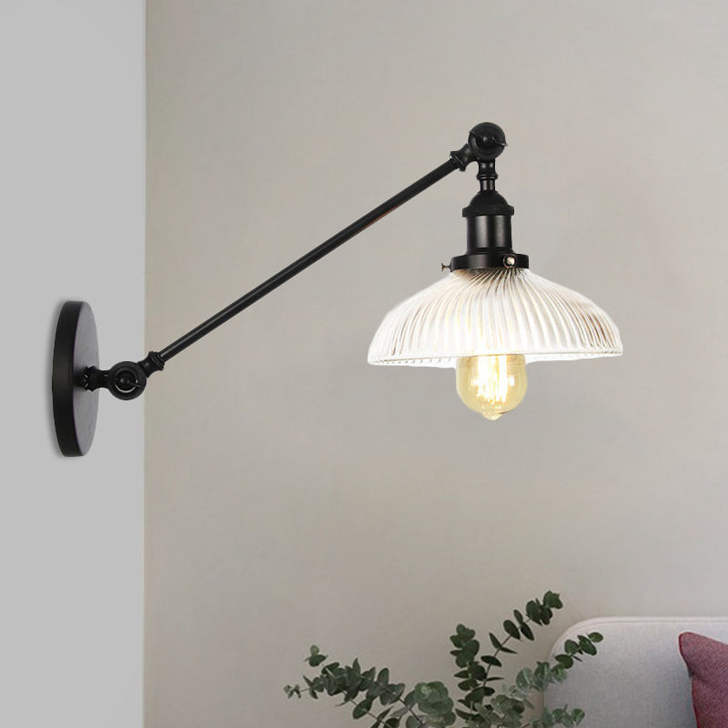 Skørter | Black/Bronze/Brass 1 Light Wall Mounted Fixture Vintage Clear Ribbed Glass Dome Light, 8"/12" L Arm