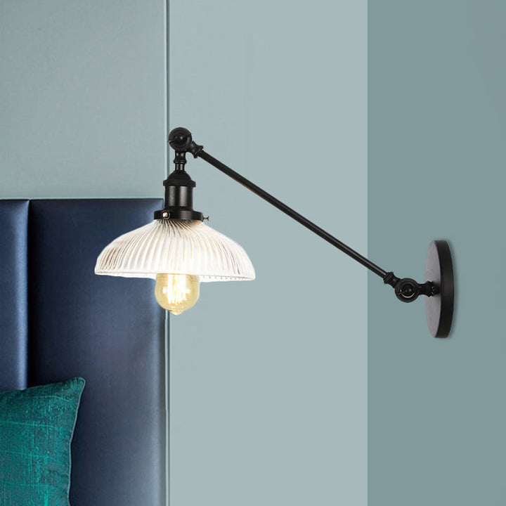 Skørter | Black/Bronze/Brass 1 Light Wall Mounted Fixture Vintage Clear Ribbed Glass Dome Light, 8"/12" L Arm