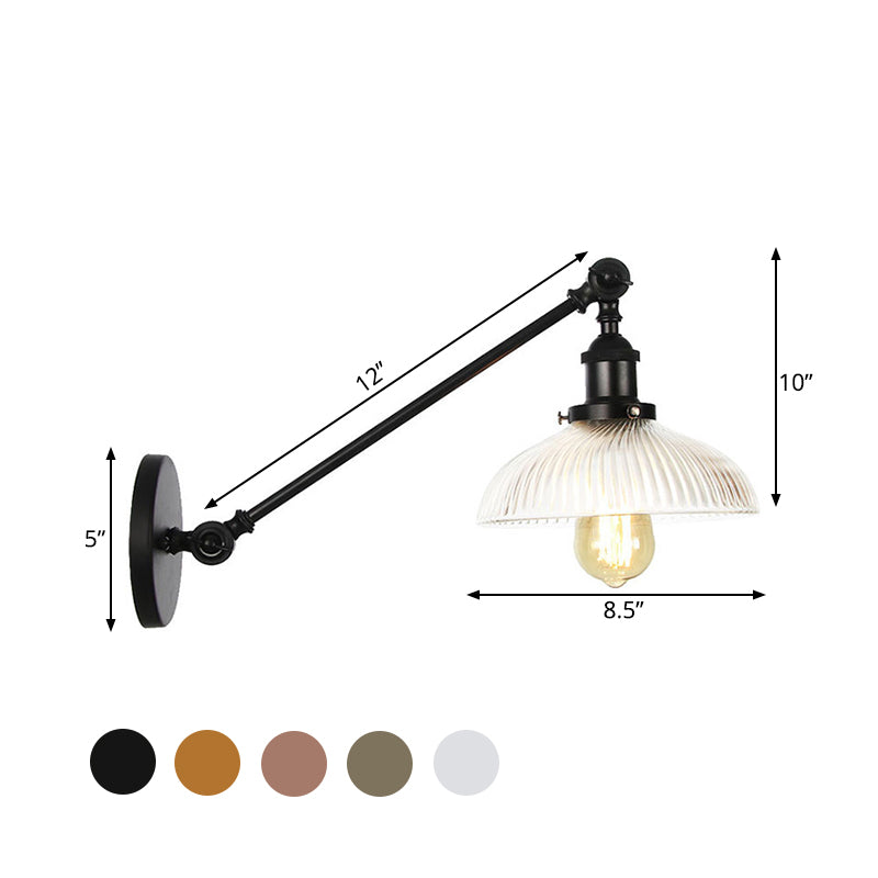 Skørter | Black/Bronze/Brass 1 Light Wall Mounted Fixture Vintage Clear Ribbed Glass Dome Light, 8"/12" L Arm