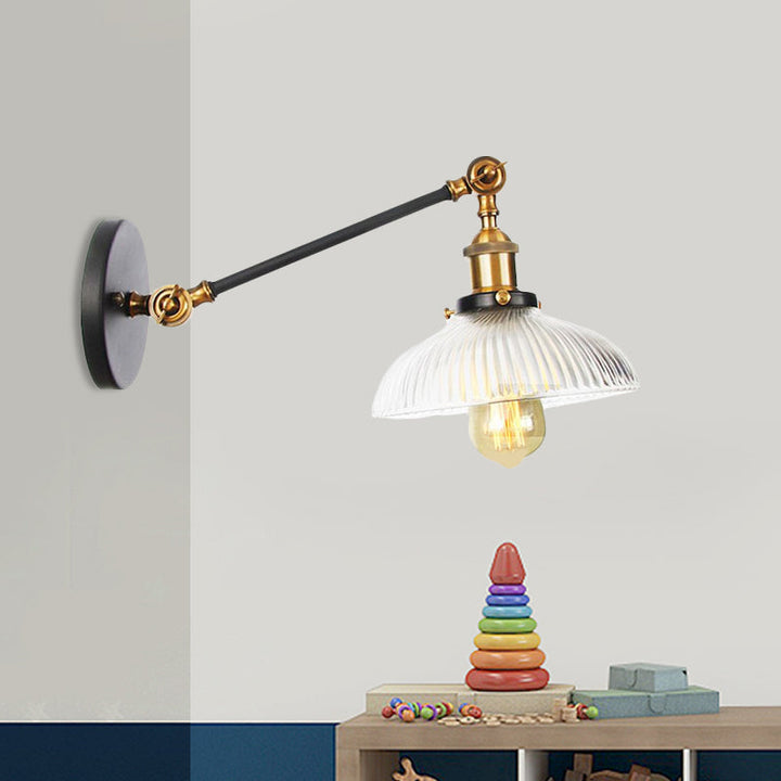 Skørter | Black/Bronze/Brass 1 Light Wall Mounted Fixture Vintage Clear Ribbed Glass Dome Light, 8"/12" L Arm