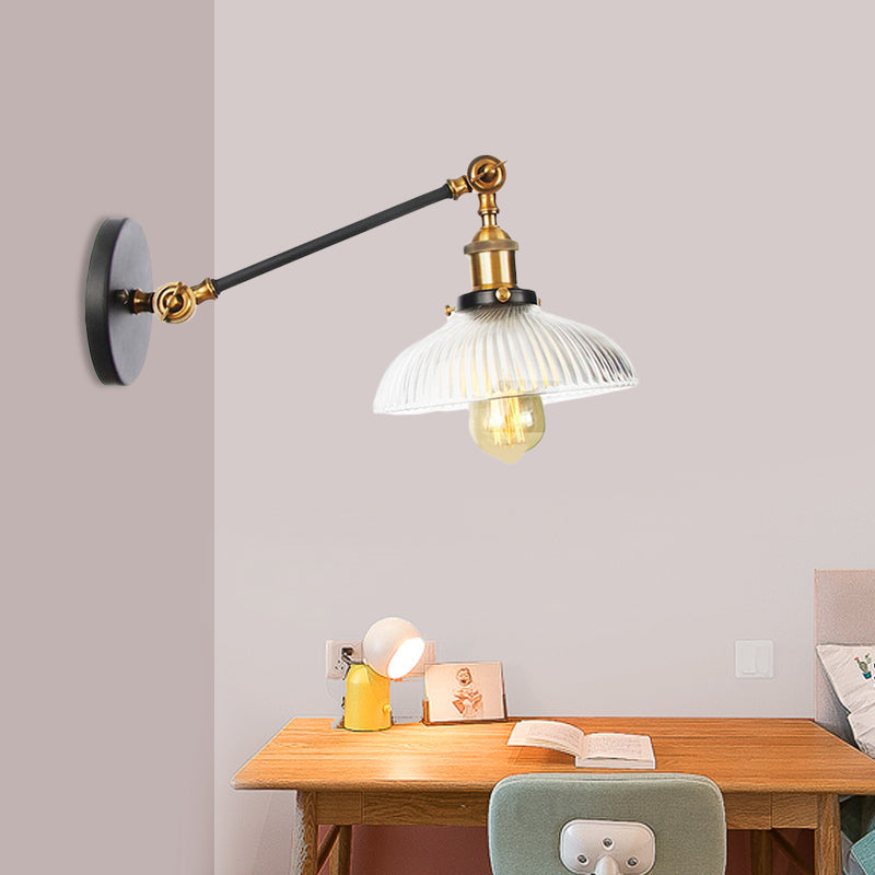 Skørter | Black/Bronze/Brass 1 Light Wall Mounted Fixture Vintage Clear Ribbed Glass Dome Light, 8"/12" L Arm