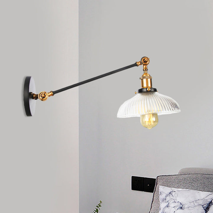 Skørter | Black/Bronze/Brass 1 Light Wall Mounted Fixture Vintage Clear Ribbed Glass Dome Light, 8"/12" L Arm
