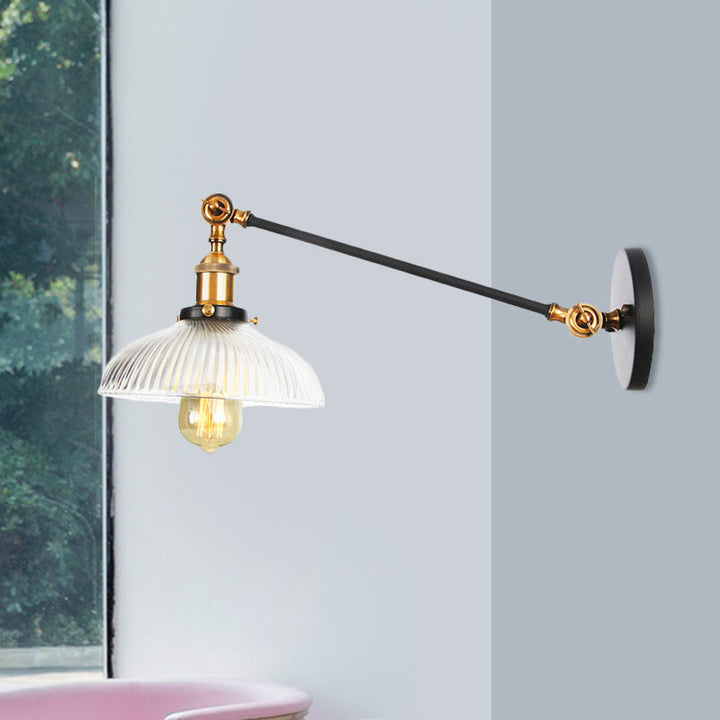 Skørter | Black/Bronze/Brass 1 Light Wall Mounted Fixture Vintage Clear Ribbed Glass Dome Light, 8"/12" L Arm