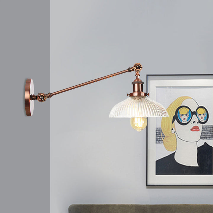 Skørter | Black/Bronze/Brass 1 Light Wall Mounted Fixture Vintage Clear Ribbed Glass Dome Light, 8"/12" L Arm