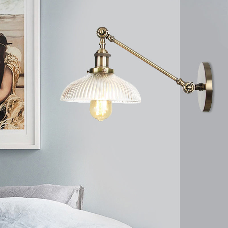 Skørter | Black/Bronze/Brass 1 Light Wall Mounted Fixture Vintage Clear Ribbed Glass Dome Light, 8"/12" L Arm