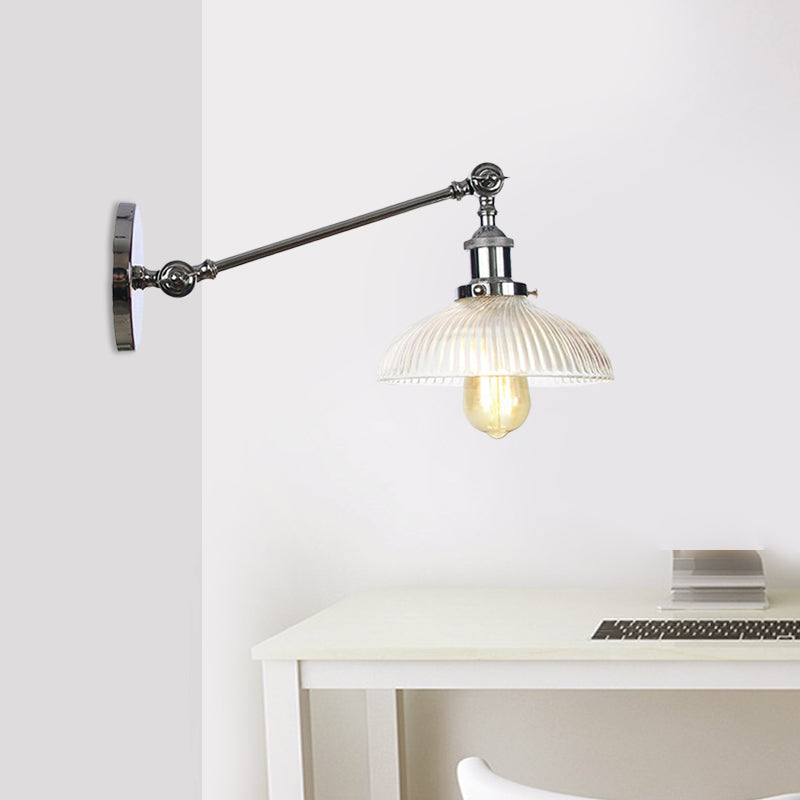 Skørter | Black/Bronze/Brass 1 Light Wall Mounted Fixture Vintage Clear Ribbed Glass Dome Light, 8"/12" L Arm