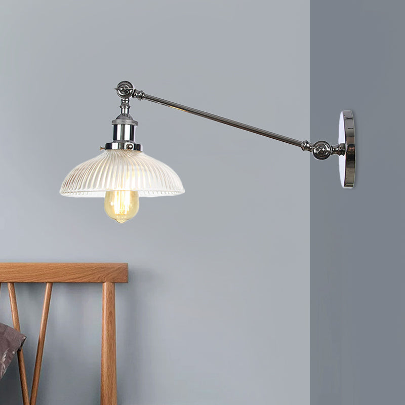 Skørter | Black/Bronze/Brass 1 Light Wall Mounted Fixture Vintage Clear Ribbed Glass Dome Light, 8"/12" L Arm