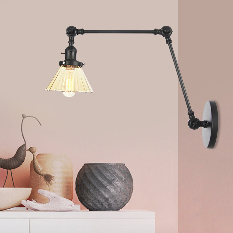 Skørter | Industrial Cone Wall Mounted Light 1 Light  
Clear/Amber Glass Wall Light in Black/Bronze/Brass with Arm, 8"+8"/8"+8"+8" Long