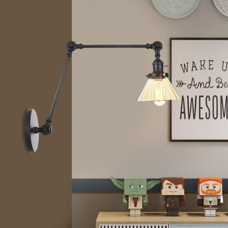 Skørter | Industrial Cone Wall Mounted Light 1 Light  
Clear/Amber Glass Wall Light in Black/Bronze/Brass with Arm, 8"+8"/8"+8"+8" Long