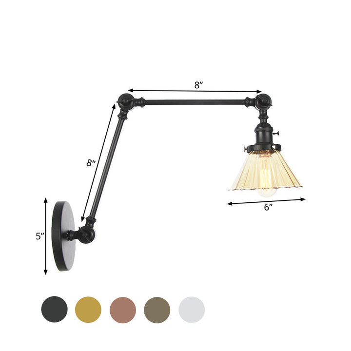 Skørter | Industrial Cone Wall Mounted Light 1 Light  
Clear/Amber Glass Wall Light in Black/Bronze/Brass with Arm, 8"+8"/8"+8"+8" Long