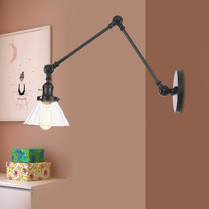 Skørter | Industrial Cone Wall Mounted Light 1 Light  
Clear/Amber Glass Wall Light in Black/Bronze/Brass with Arm, 8"+8"/8"+8"+8" Long