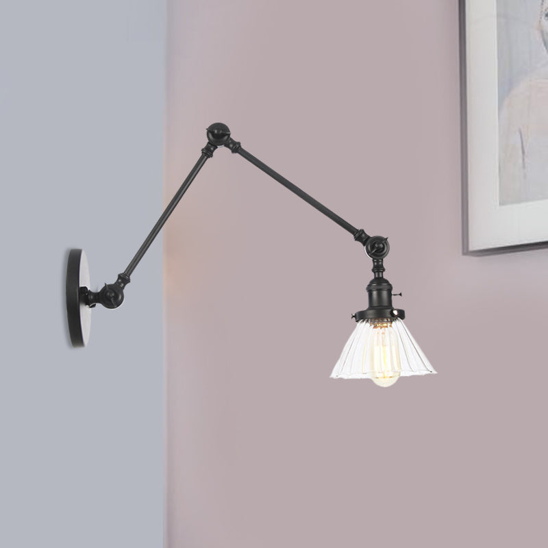 Skørter | Industrial Cone Wall Mounted Light 1 Light  
Clear/Amber Glass Wall Light in Black/Bronze/Brass with Arm, 8"+8"/8"+8"+8" Long