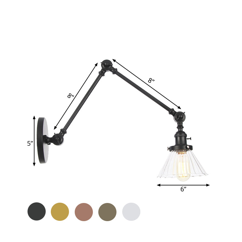 Skørter | Industrial Cone Wall Mounted Light 1 Light  
Clear/Amber Glass Wall Light in Black/Bronze/Brass with Arm, 8"+8"/8"+8"+8" Long