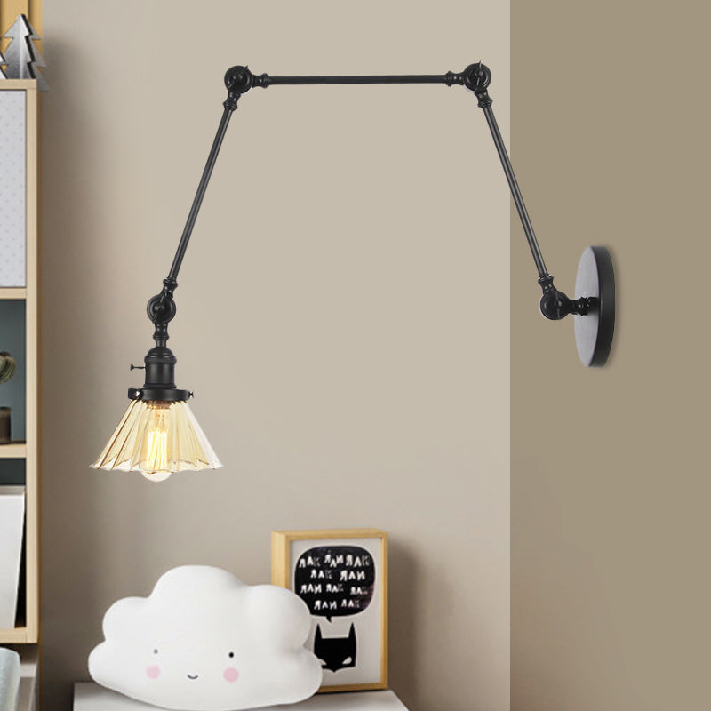 Skørter | Industrial Cone Wall Mounted Light 1 Light  
Clear/Amber Glass Wall Light in Black/Bronze/Brass with Arm, 8"+8"/8"+8"+8" Long