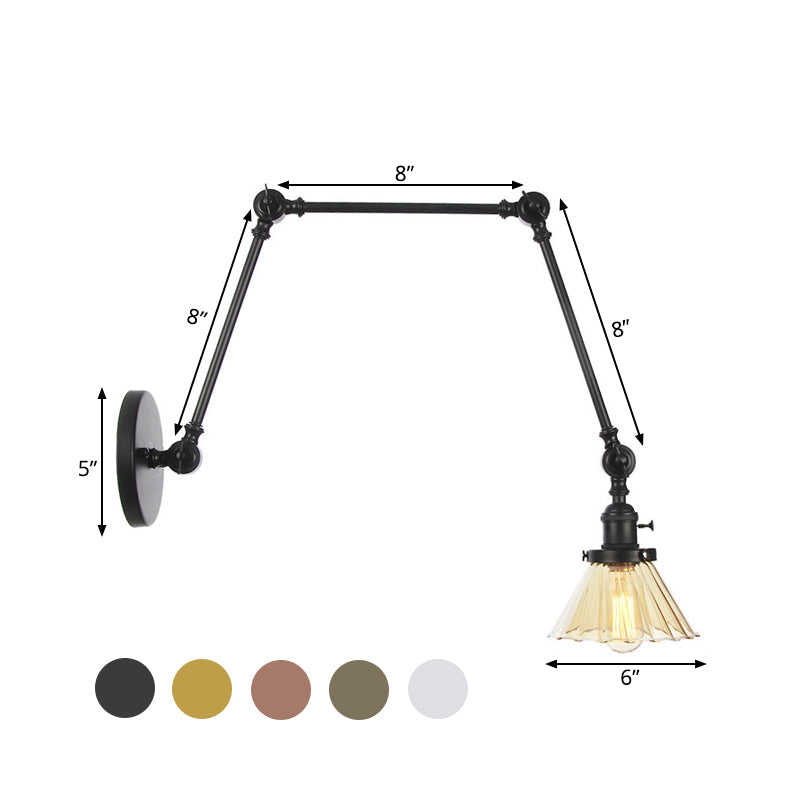 Skørter | Industrial Cone Wall Mounted Light 1 Light  
Clear/Amber Glass Wall Light in Black/Bronze/Brass with Arm, 8"+8"/8"+8"+8" Long