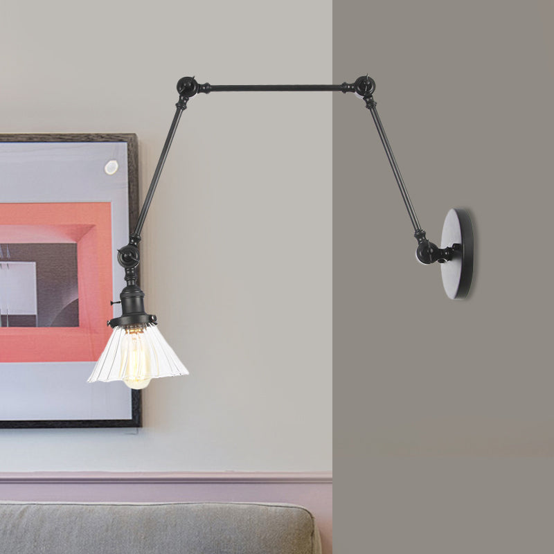 Skørter | Industrial Cone Wall Mounted Light 1 Light  
Clear/Amber Glass Wall Light in Black/Bronze/Brass with Arm, 8"+8"/8"+8"+8" Long