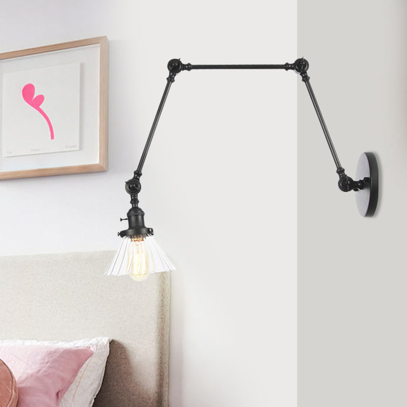 Skørter | Industrial Cone Wall Mounted Light 1 Light  
Clear/Amber Glass Wall Light in Black/Bronze/Brass with Arm, 8"+8"/8"+8"+8" Long