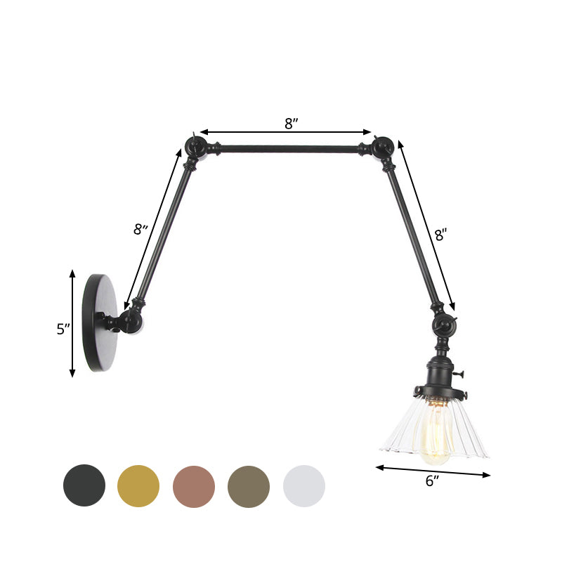 Skørter | Industrial Cone Wall Mounted Light 1 Light  
Clear/Amber Glass Wall Light in Black/Bronze/Brass with Arm, 8"+8"/8"+8"+8" Long