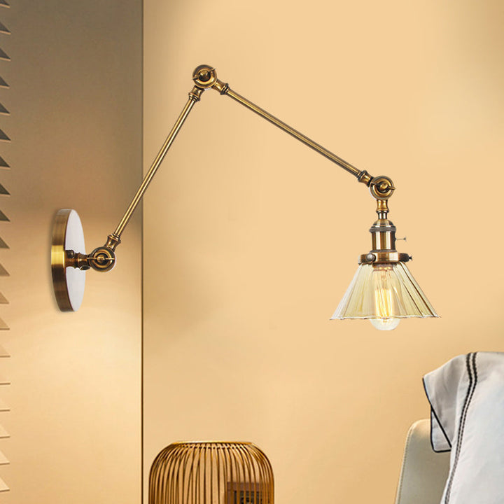 Skørter | Industrial Cone Wall Mounted Light 1 Light  
Clear/Amber Glass Wall Light in Black/Bronze/Brass with Arm, 8"+8"/8"+8"+8" Long