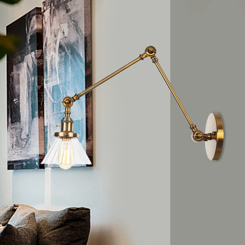 Skørter | Industrial Cone Wall Mounted Light 1 Light  
Clear/Amber Glass Wall Light in Black/Bronze/Brass with Arm, 8"+8"/8"+8"+8" Long
