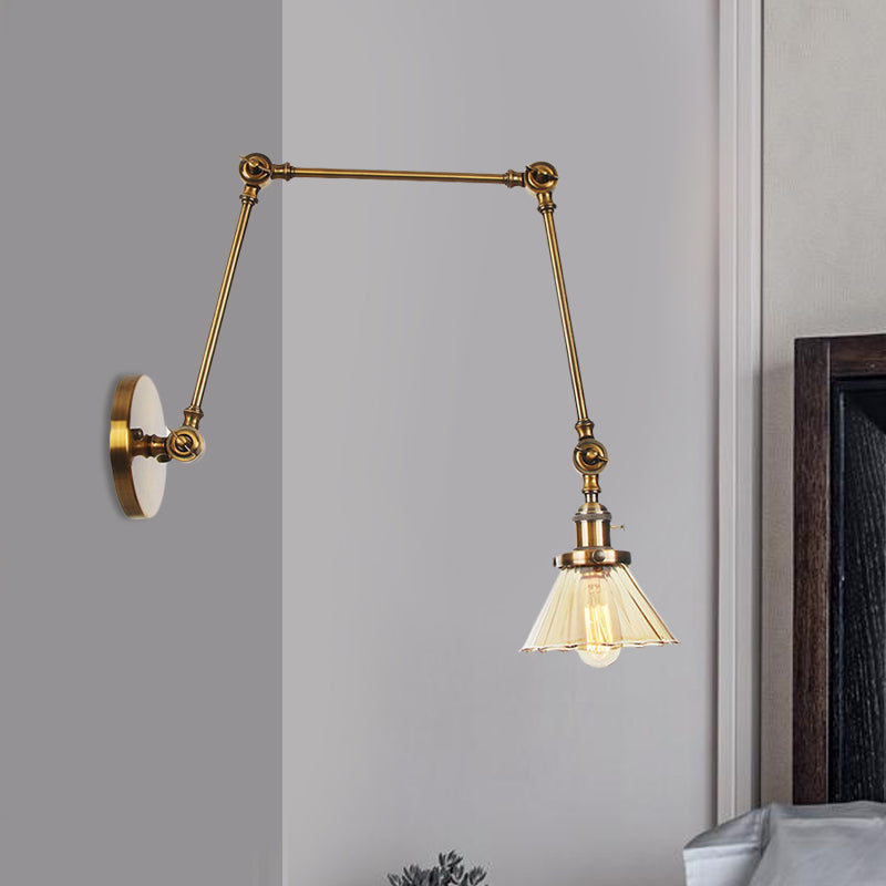 Skørter | Industrial Cone Wall Mounted Light 1 Light  
Clear/Amber Glass Wall Light in Black/Bronze/Brass with Arm, 8"+8"/8"+8"+8" Long