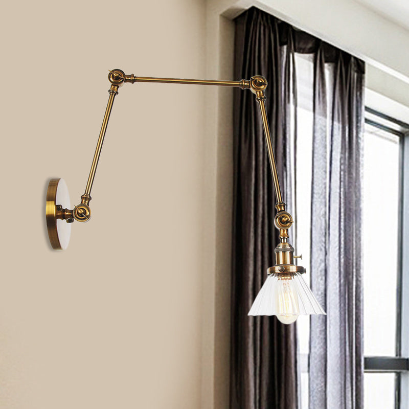 Skørter | Industrial Cone Wall Mounted Light 1 Light  
Clear/Amber Glass Wall Light in Black/Bronze/Brass with Arm, 8"+8"/8"+8"+8" Long