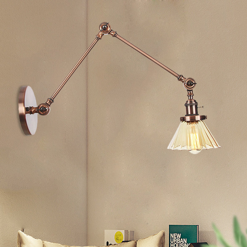 Skørter | Industrial Cone Wall Mounted Light 1 Light  
Clear/Amber Glass Wall Light in Black/Bronze/Brass with Arm, 8"+8"/8"+8"+8" Long