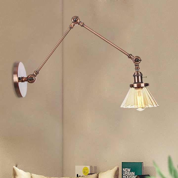Skørter | Industrial Cone Wall Mounted Light 1 Light  
Clear/Amber Glass Wall Light in Black/Bronze/Brass with Arm, 8"+8"/8"+8"+8" Long