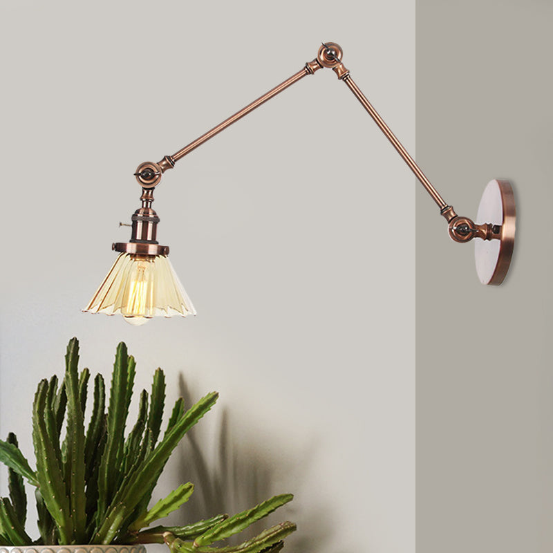Skørter | Industrial Cone Wall Mounted Light 1 Light  
Clear/Amber Glass Wall Light in Black/Bronze/Brass with Arm, 8"+8"/8"+8"+8" Long