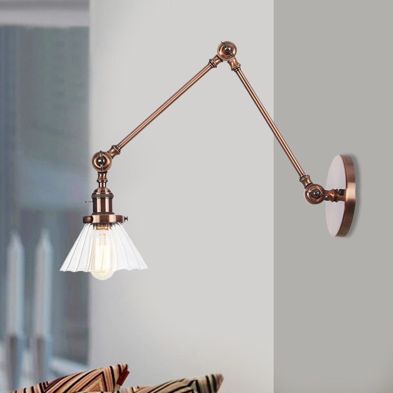 Skørter | Industrial Cone Wall Mounted Light 1 Light  
Clear/Amber Glass Wall Light in Black/Bronze/Brass with Arm, 8"+8"/8"+8"+8" Long