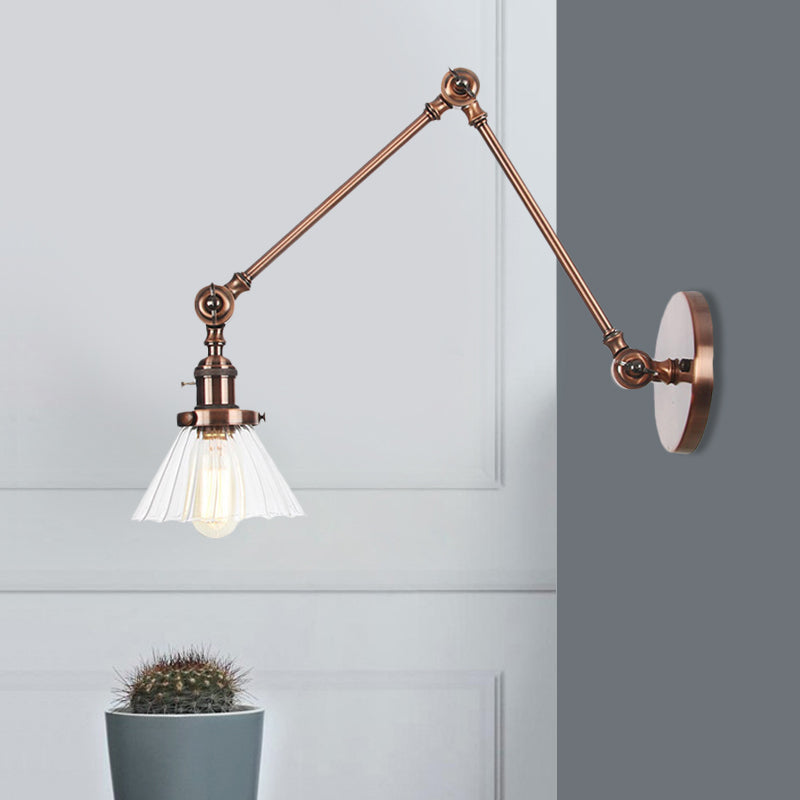 Skørter | Industrial Cone Wall Mounted Light 1 Light  
Clear/Amber Glass Wall Light in Black/Bronze/Brass with Arm, 8"+8"/8"+8"+8" Long
