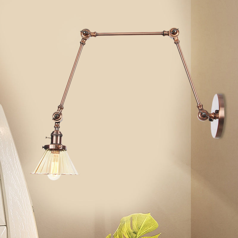 Skørter | Industrial Cone Wall Mounted Light 1 Light  
Clear/Amber Glass Wall Light in Black/Bronze/Brass with Arm, 8"+8"/8"+8"+8" Long