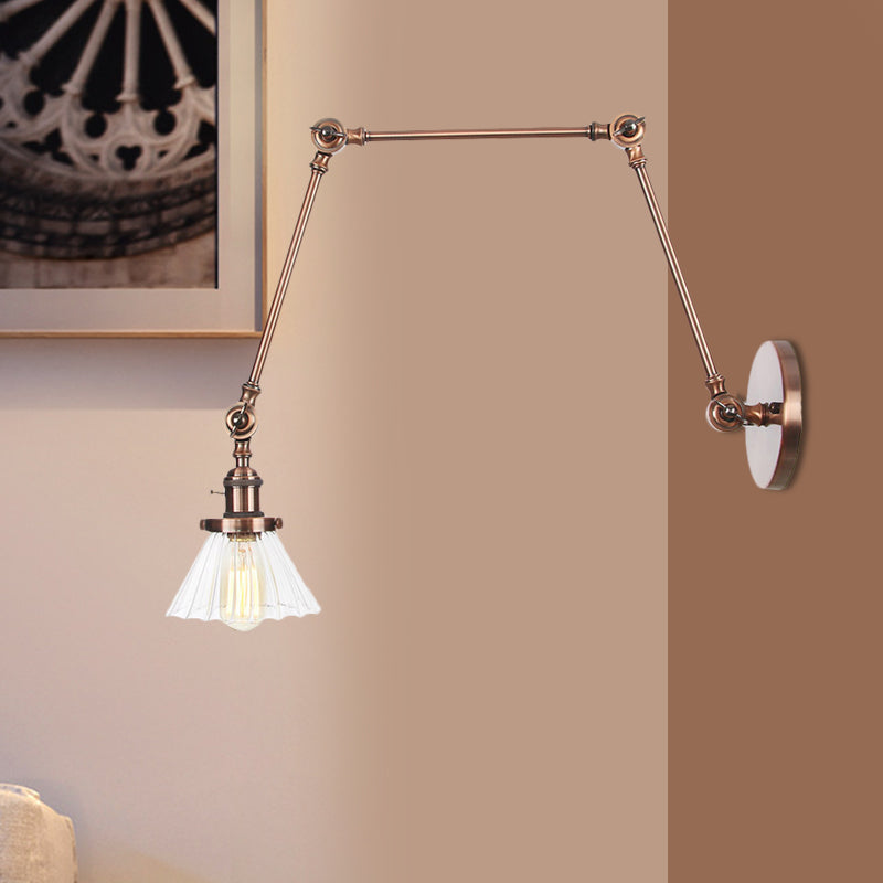 Skørter | Industrial Cone Wall Mounted Light 1 Light  
Clear/Amber Glass Wall Light in Black/Bronze/Brass with Arm, 8"+8"/8"+8"+8" Long