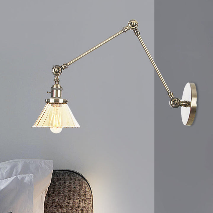 Skørter | Industrial Cone Wall Mounted Light 1 Light  
Clear/Amber Glass Wall Light in Black/Bronze/Brass with Arm, 8"+8"/8"+8"+8" Long