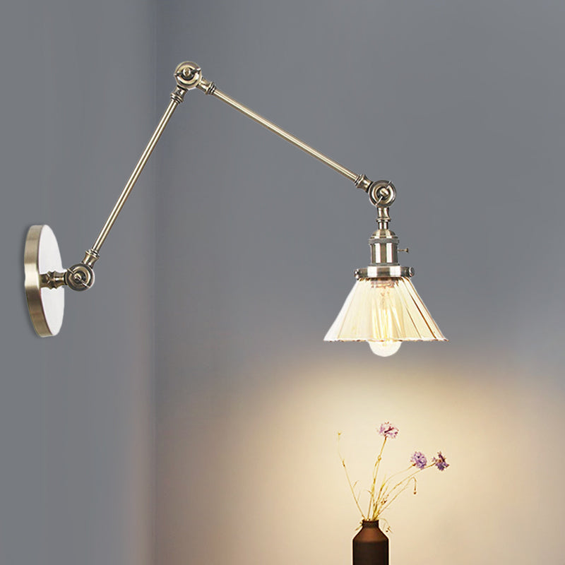 Skørter | Industrial Cone Wall Mounted Light 1 Light  
Clear/Amber Glass Wall Light in Black/Bronze/Brass with Arm, 8"+8"/8"+8"+8" Long