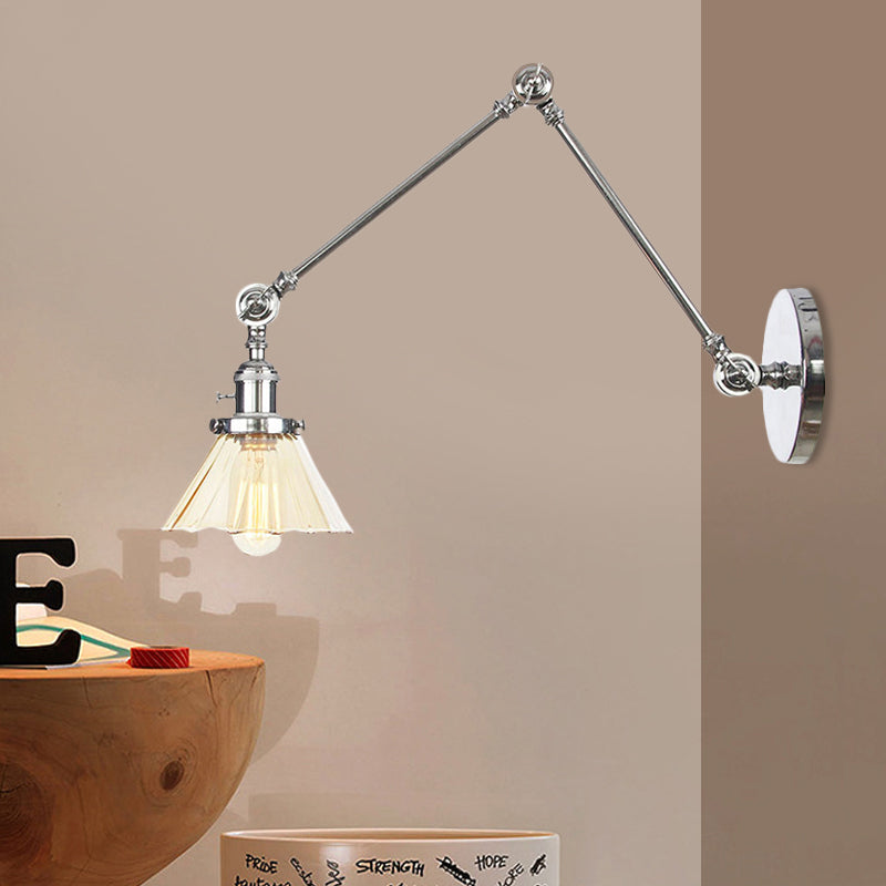Skørter | Industrial Cone Wall Mounted Light 1 Light  
Clear/Amber Glass Wall Light in Black/Bronze/Brass with Arm, 8"+8"/8"+8"+8" Long