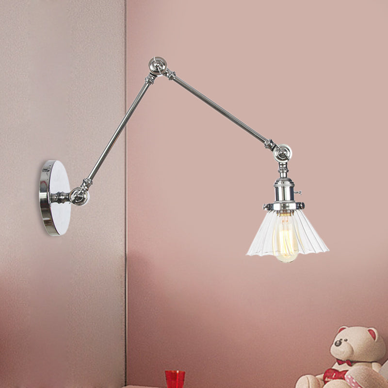 Skørter | Industrial Cone Wall Mounted Light 1 Light  
Clear/Amber Glass Wall Light in Black/Bronze/Brass with Arm, 8"+8"/8"+8"+8" Long