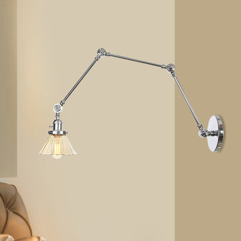 Skørter | Industrial Cone Wall Mounted Light 1 Light  
Clear/Amber Glass Wall Light in Black/Bronze/Brass with Arm, 8"+8"/8"+8"+8" Long