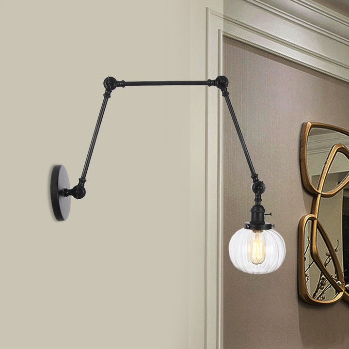 Lisslune | Globe Clear/Amber Glass Wall Mounted Lighting Vintage 1 Light Indoor Sconces in Brass/Chrome/Black with Adjustable Arm, 8"+8"/8"+8"+8" L