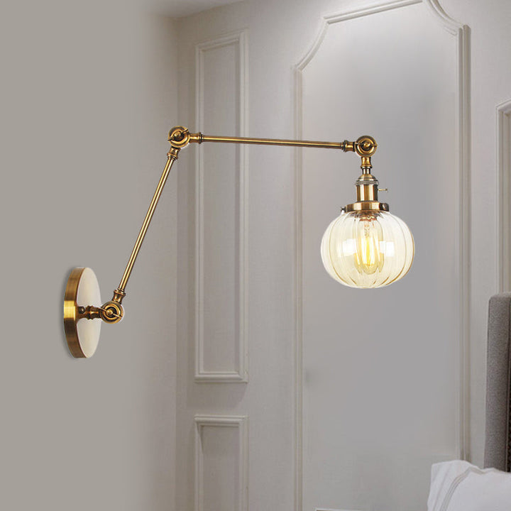 Lisslune | Globe Clear/Amber Glass Wall Mounted Lighting Vintage 1 Light Indoor Sconces in Brass/Chrome/Black with Adjustable Arm, 8"+8"/8"+8"+8" L