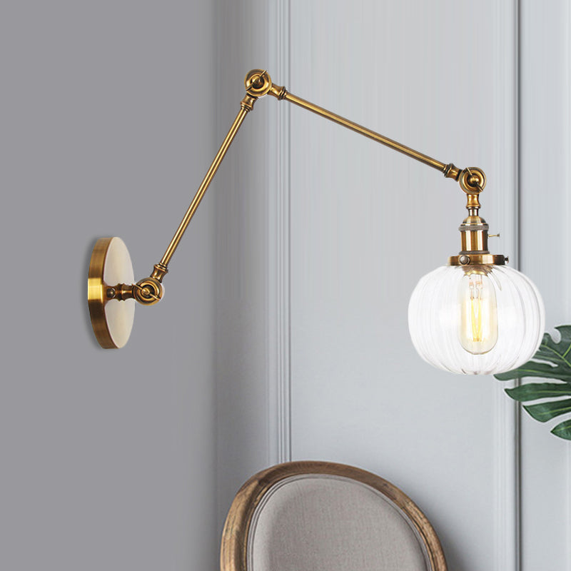 Lisslune | Globe Clear/Amber Glass Wall Mounted Lighting Vintage 1 Light Indoor Sconces in Brass/Chrome/Black with Adjustable Arm, 8"+8"/8"+8"+8" L